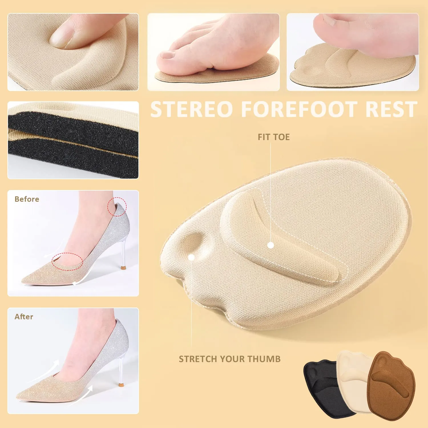 3 Pairs of 2-in-1 Heel Pads, and 3 Pairs of Forefoot Pads, self-Adhesive Non-Slip Gel Insole, Foot Protector, Suitable for high Heels, Sports Shoes