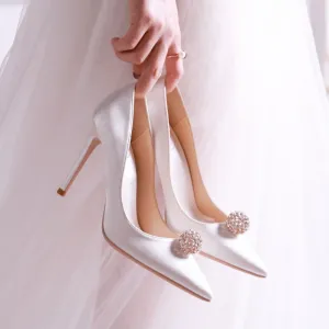 Amozae  French Wedding Shoes Snowflake Pearl Buckle White High Heels Satin Bridesmaid Dress Shoes Plus Size Bridal Shoes Heels Women