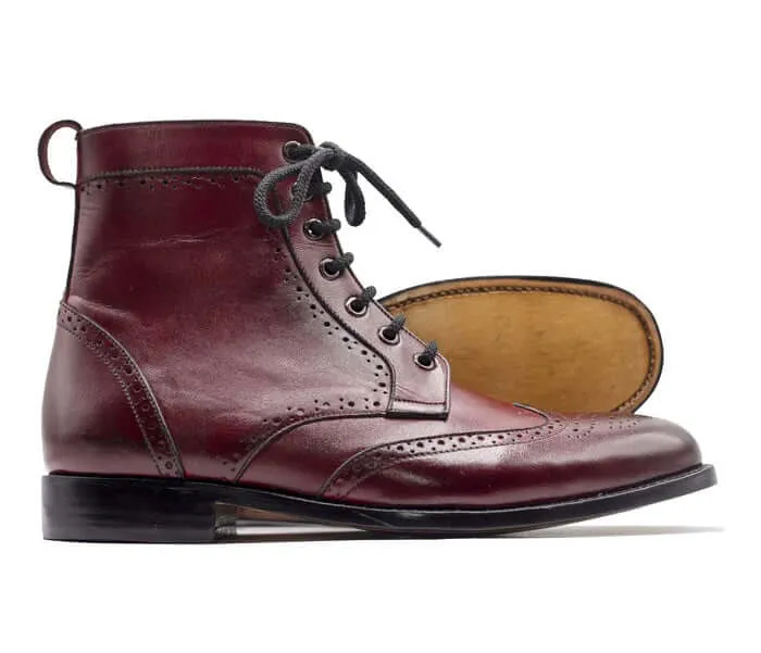 Ankle High Handmade Cordovan Ankle High Boots, Wing Tip Lace Up Leather Boots