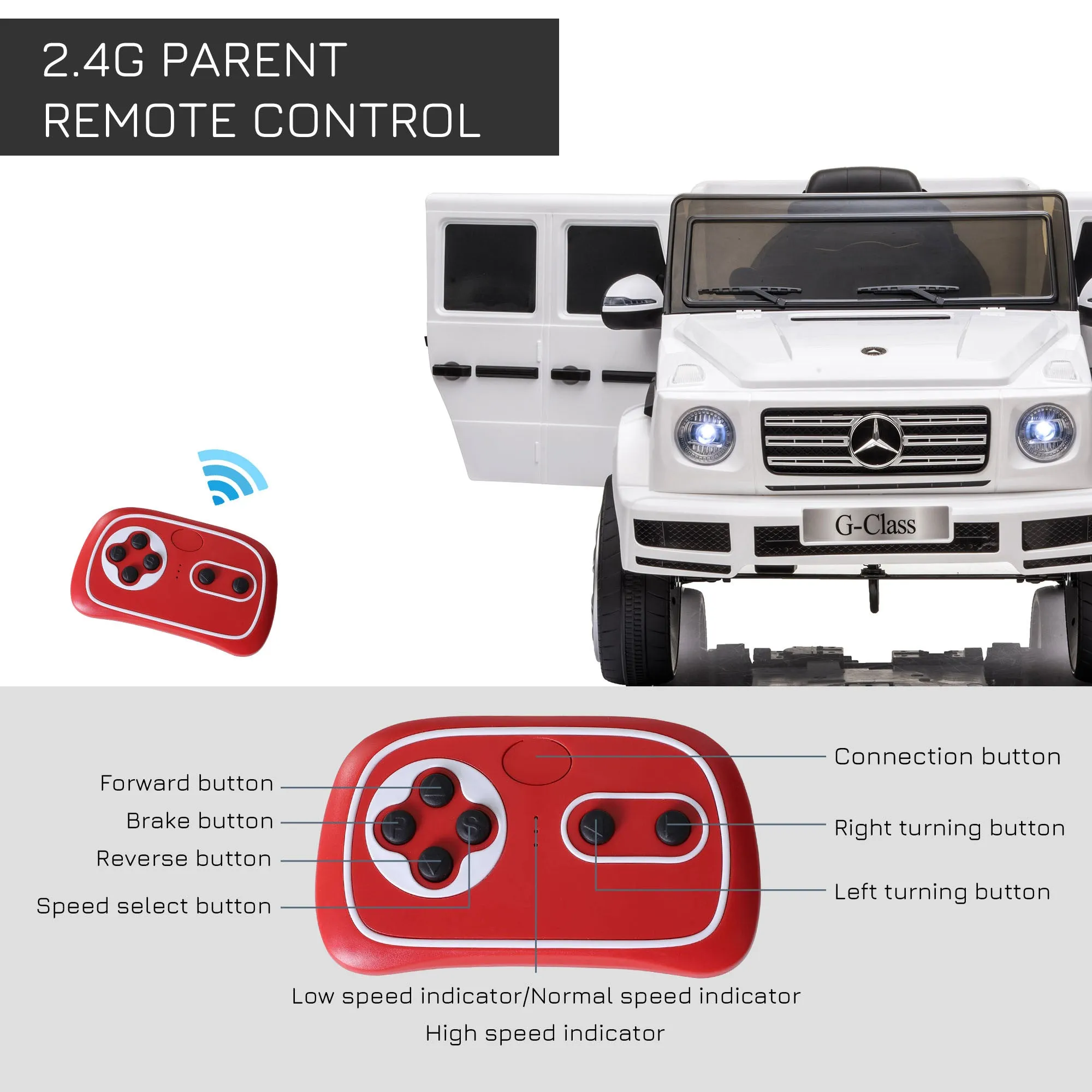 Aosom 12V Kids Electric Car, Mercedes Benz G500 Licensed Battery Powered Ride on Truck for Kids with Remote Control, Headlights, Music, Suspension & Storage for Boys and Girls, White