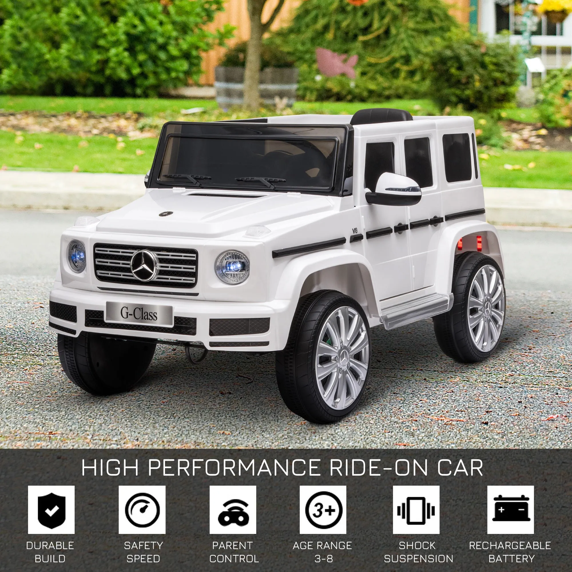 Aosom 12V Kids Electric Car, Mercedes Benz G500 Licensed Battery Powered Ride on Truck for Kids with Remote Control, Headlights, Music, Suspension & Storage for Boys and Girls, White