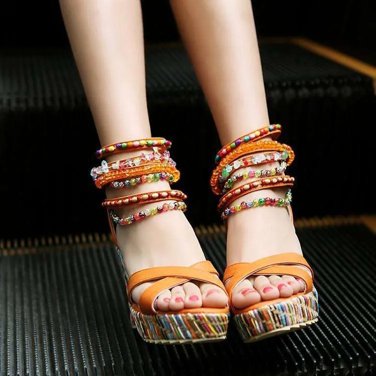 Beaded Multi Color Wedge Heels