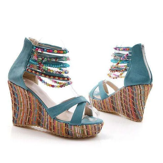 Beaded Multi Color Wedge Heels