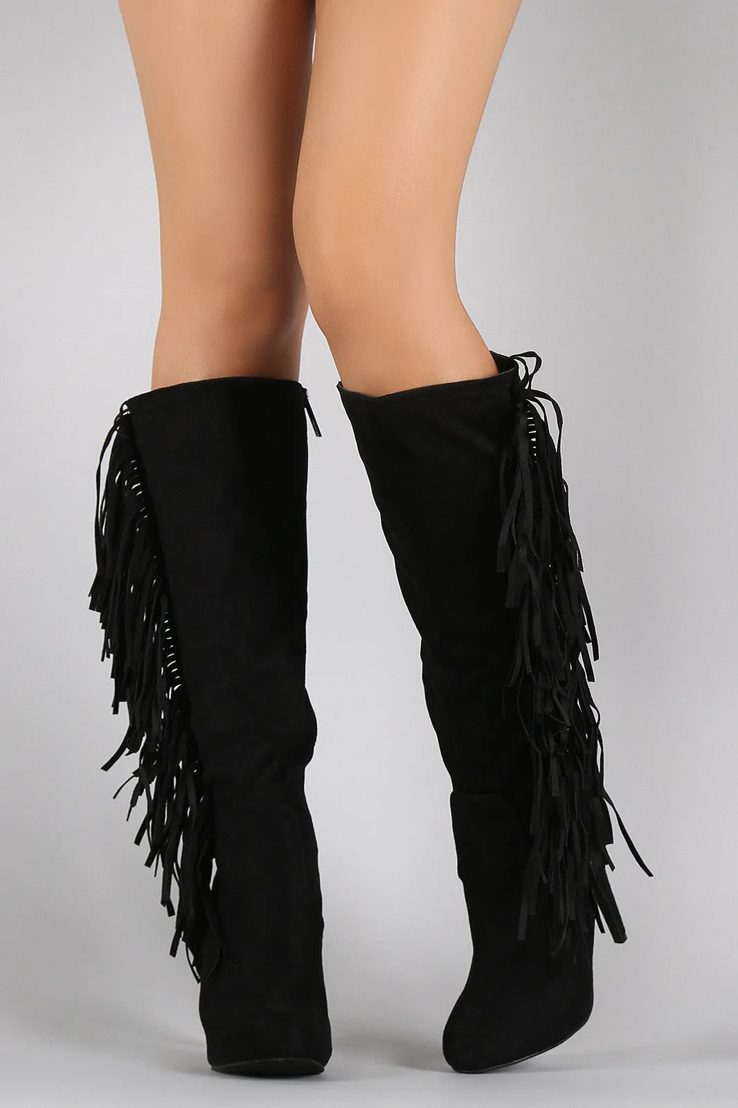 Breckelle Faux Suede Side Fringe Stiletto Knee High Boot