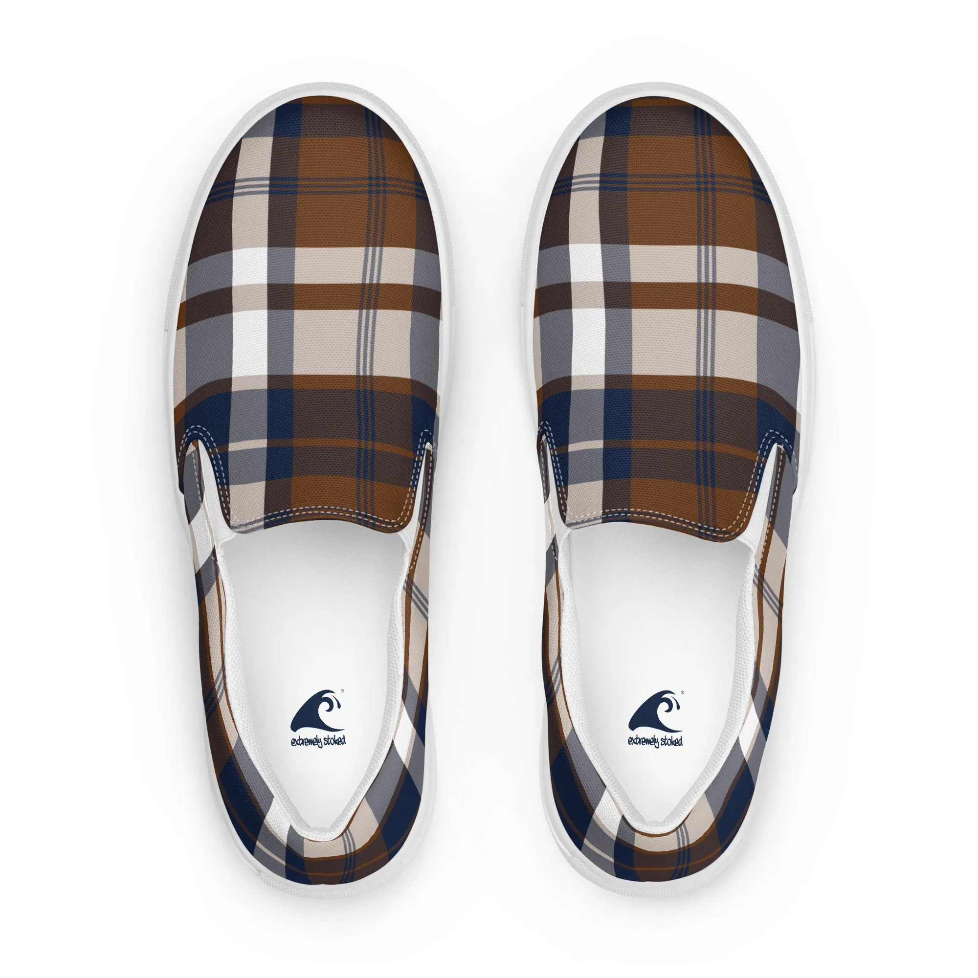 Brown and Navy Blue Preppy Surfer Plaid Men’s Slip On Canvas Shoes