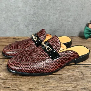 Brown Geometric Genuine Leather Mules Shoes