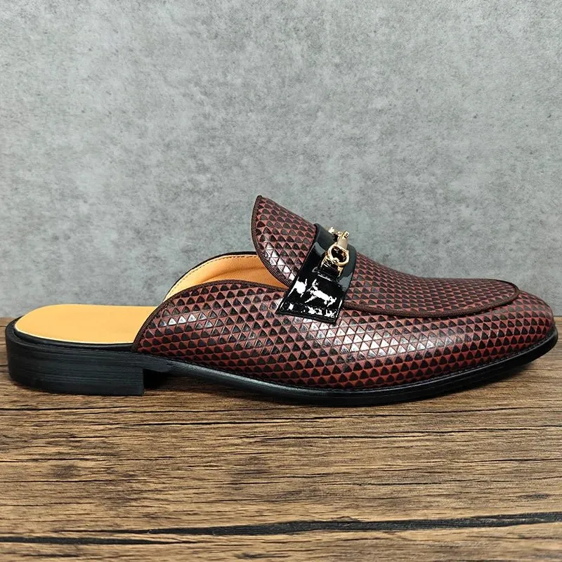 Brown Geometric Genuine Leather Mules Shoes