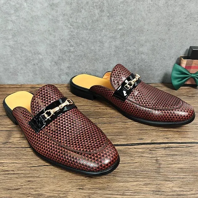 Brown Geometric Genuine Leather Mules Shoes