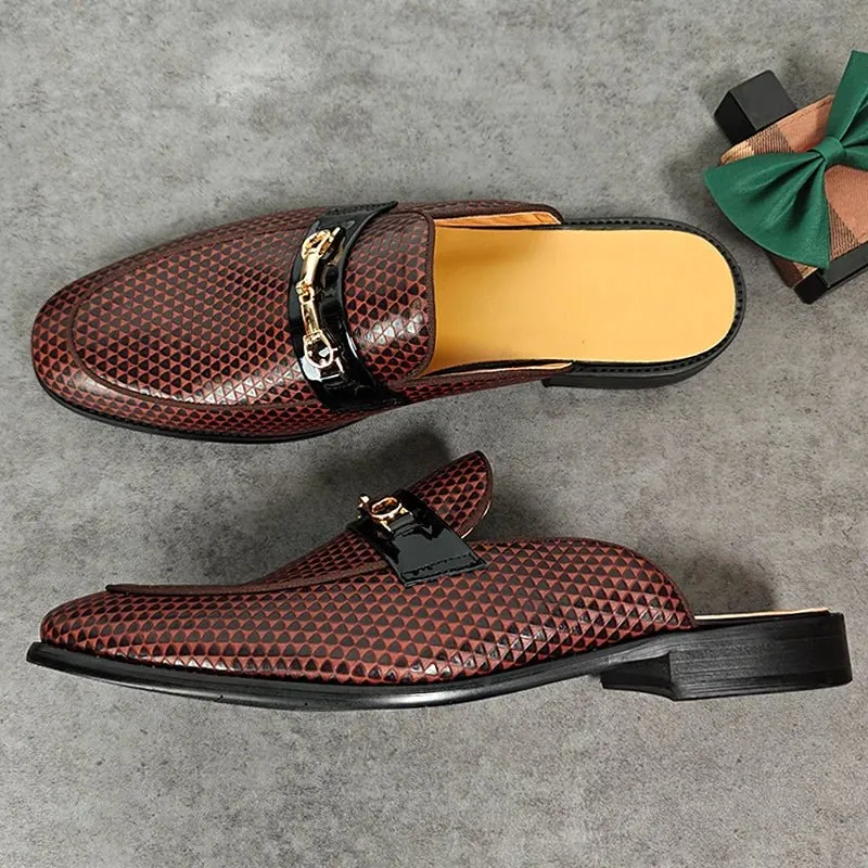 Brown Geometric Genuine Leather Mules Shoes