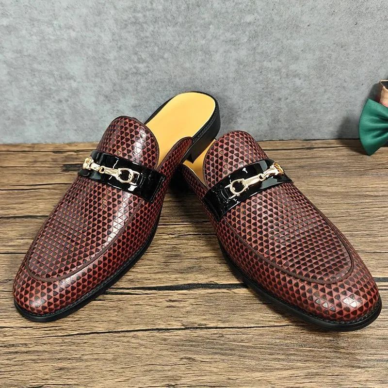 Brown Geometric Genuine Leather Mules Shoes