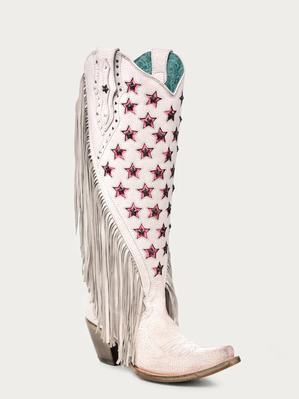 C4084 - PINK STARRED AND FRINGED WHITE BOOTS