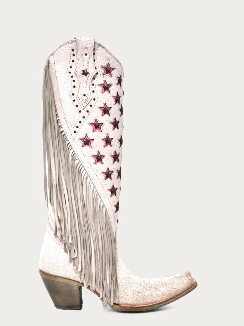 C4084 - PINK STARRED AND FRINGED WHITE BOOTS