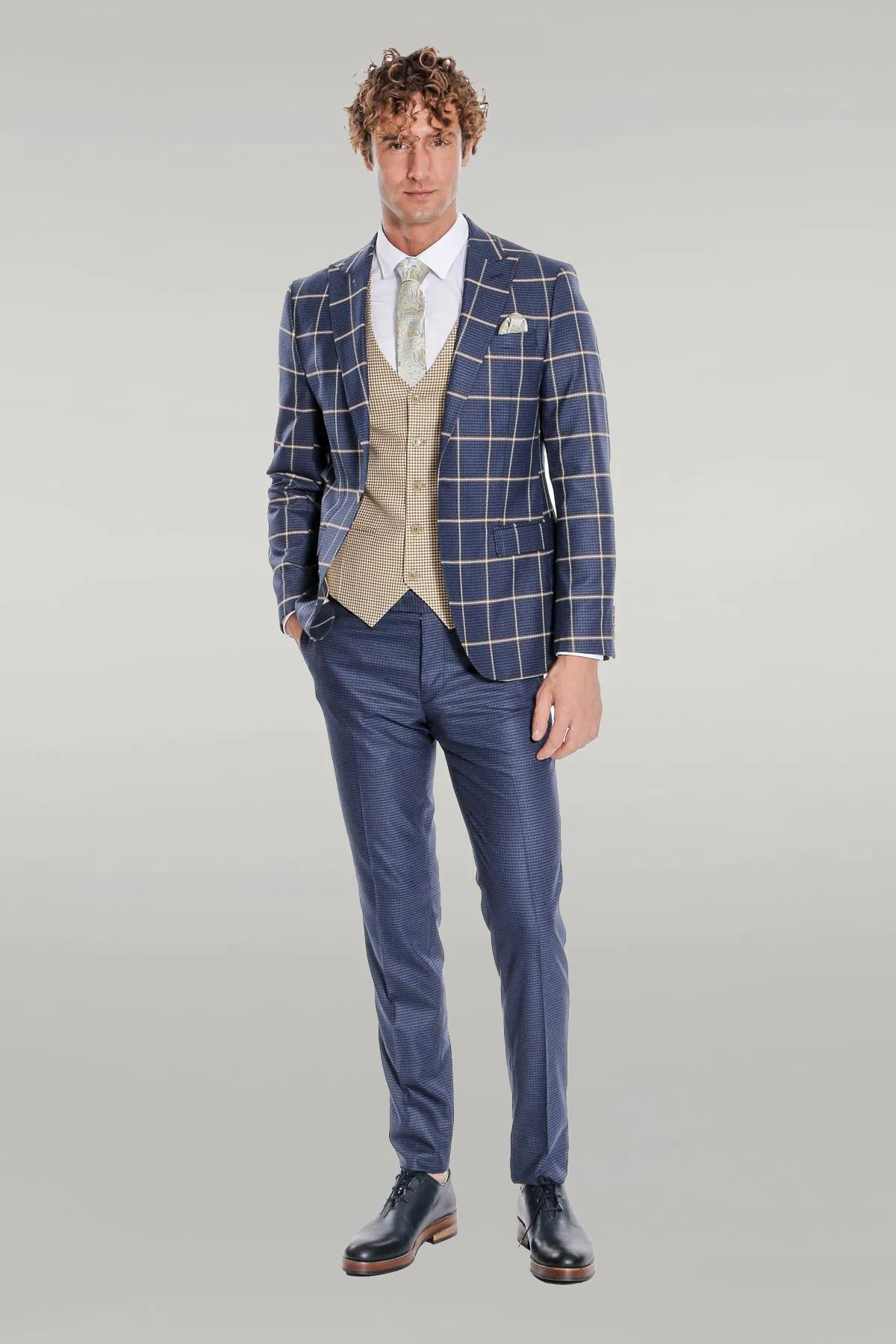 Checked Patterned Slim Fit Navy Blue Men Suit - Wessi