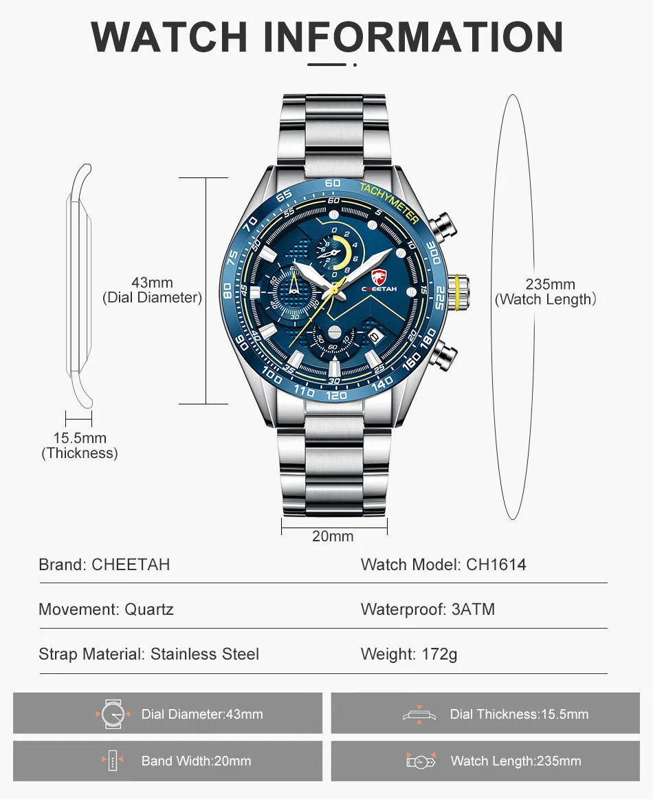 CHEETAH CH1614 CREST - Men's Sophisticated Watch - Silver Blue