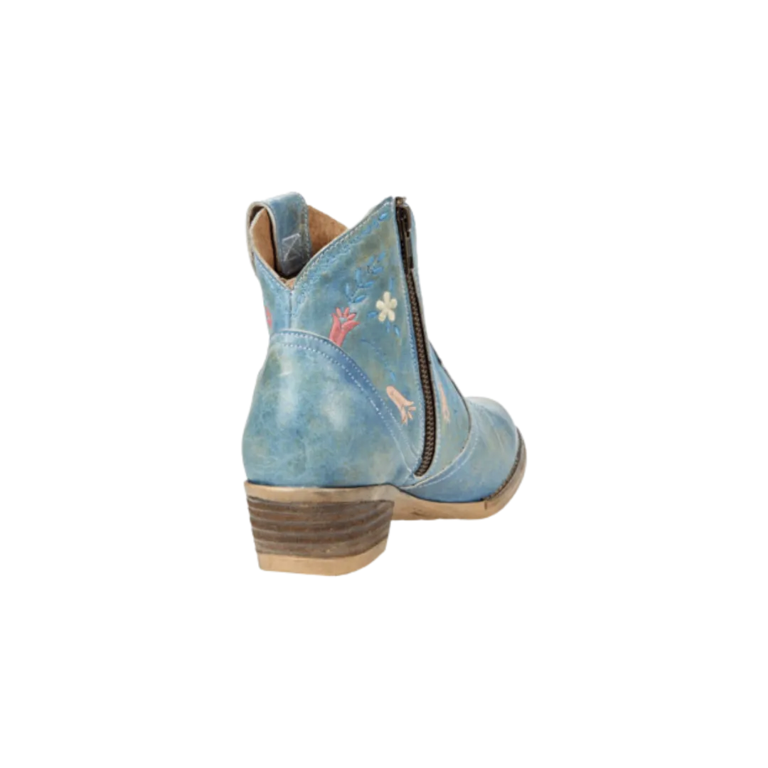 Corral Women's Blue Floral Embroidery Snip Toe Ankle Boot