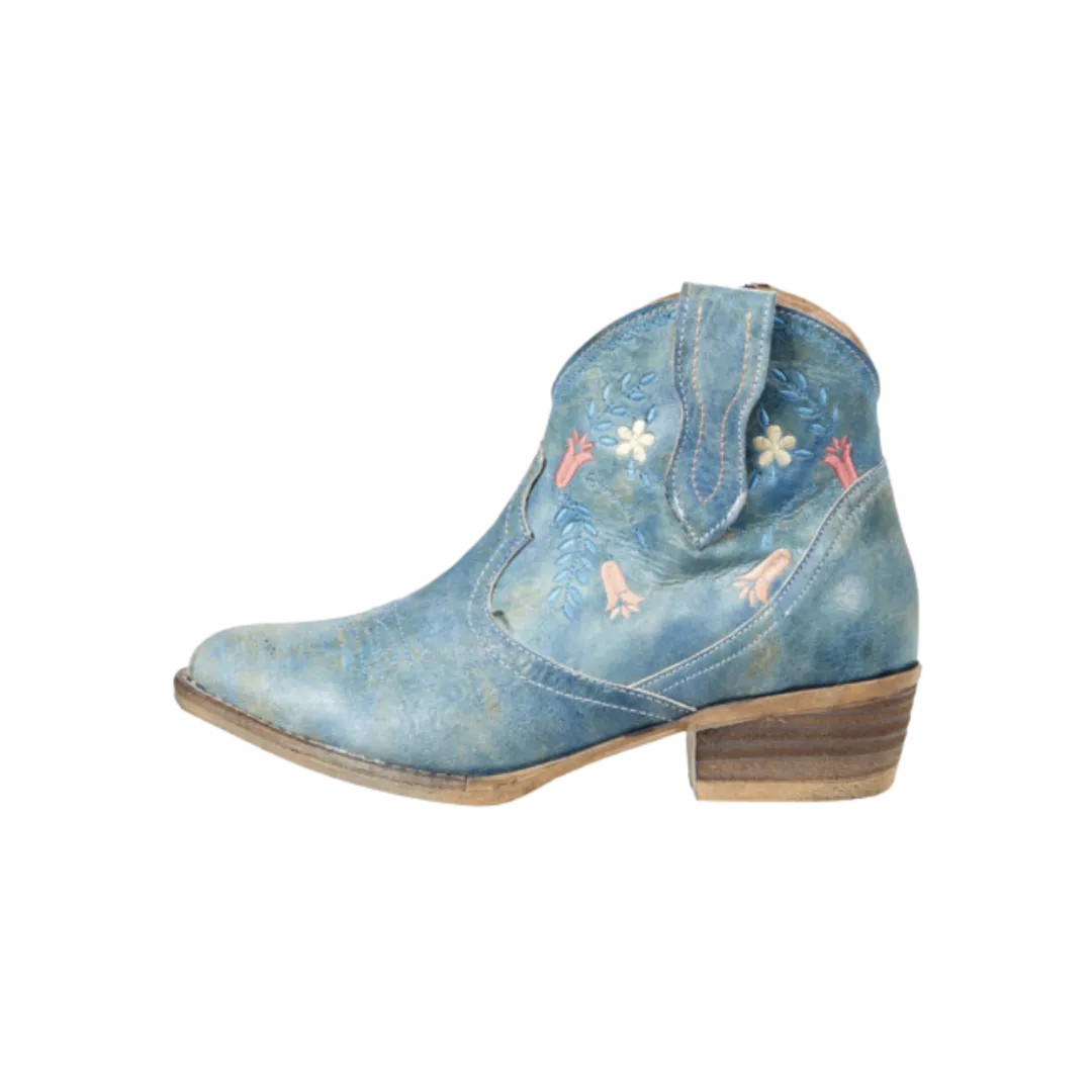 Corral Women's Blue Floral Embroidery Snip Toe Ankle Boot