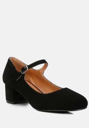 DALLIN Suede Block Heel Mary Janes in Black