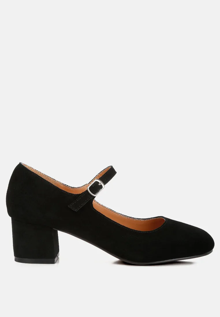 DALLIN Suede Block Heel Mary Janes in Black