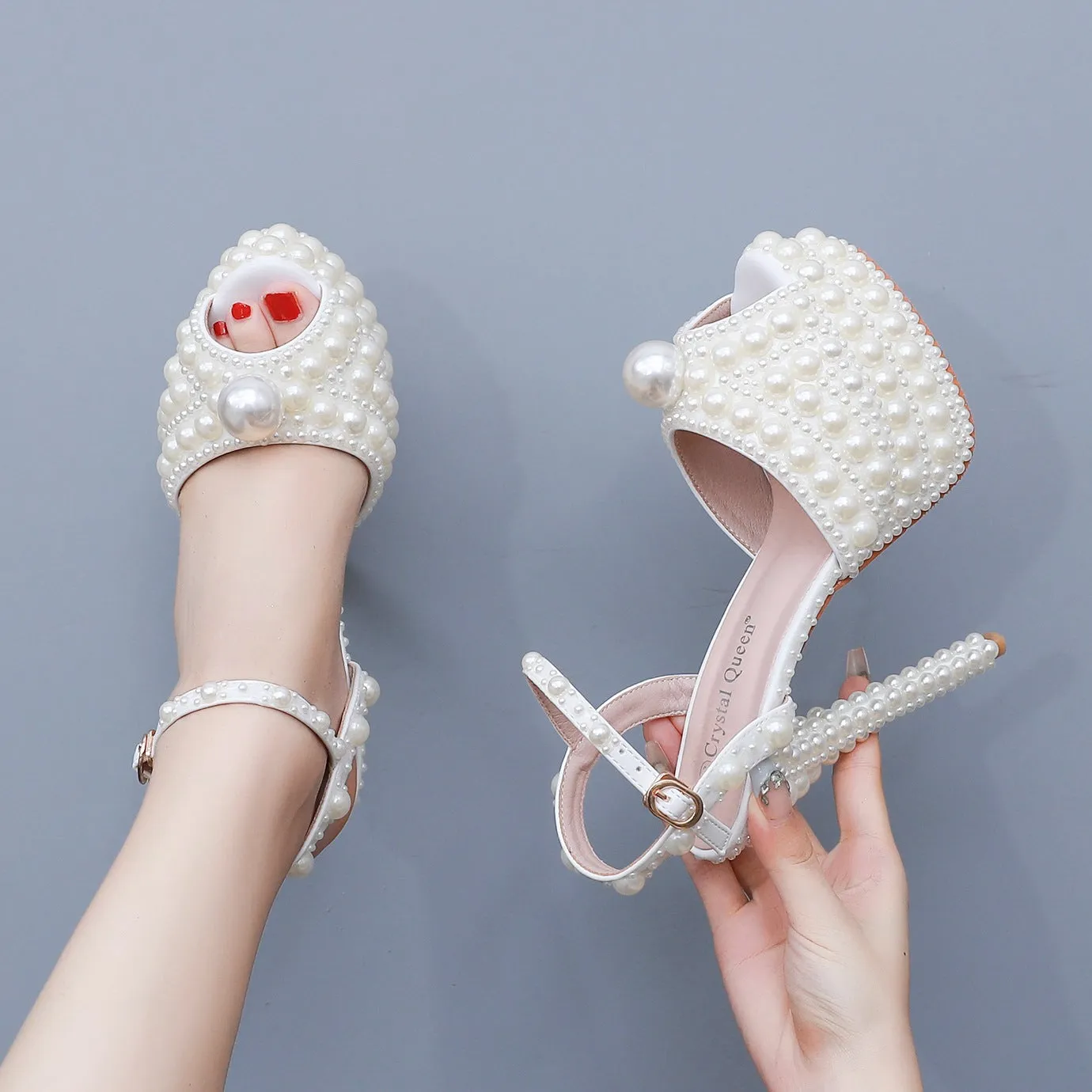 Fish Mouth High Heel Platform Pearl Sandals Wedding Shoes