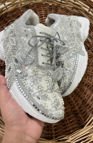 FUNKY N TRENDY hand work bridal sneakers / bridesmaid sneakers/ silver sneakers / silver shoes/mirror sneakers mirror shoes/ bride shoes/ embroidered shoes/Custom heel height from 1 to 3 inches.