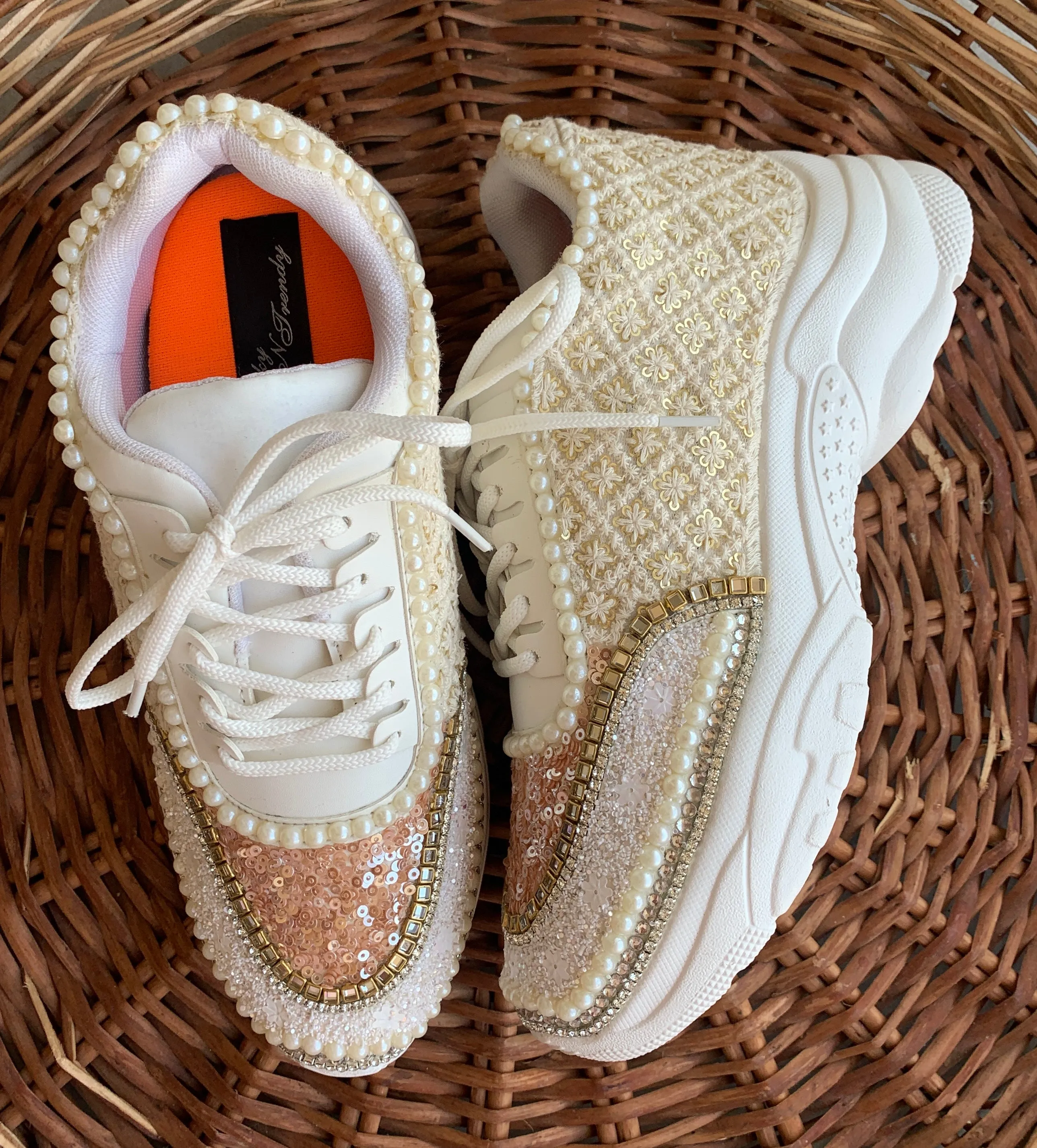 FUNKY N TRENDY ivory and tan peach sneakers with pearl detailing for brides / bridesmaids/ ivory sneakers / beige sneakers / tan peach shoes/ rose gold sneakers / rose gold shoes