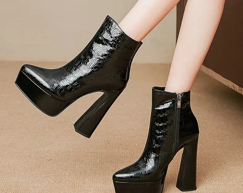 Genuine Patent Leather Platform High Heel Boots