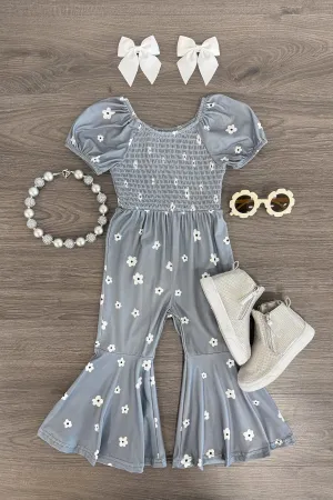 Gray Floral Bell Bottom Jumpsuit