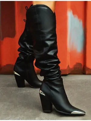 Honor Black Western Block Heeled Knee High Boots