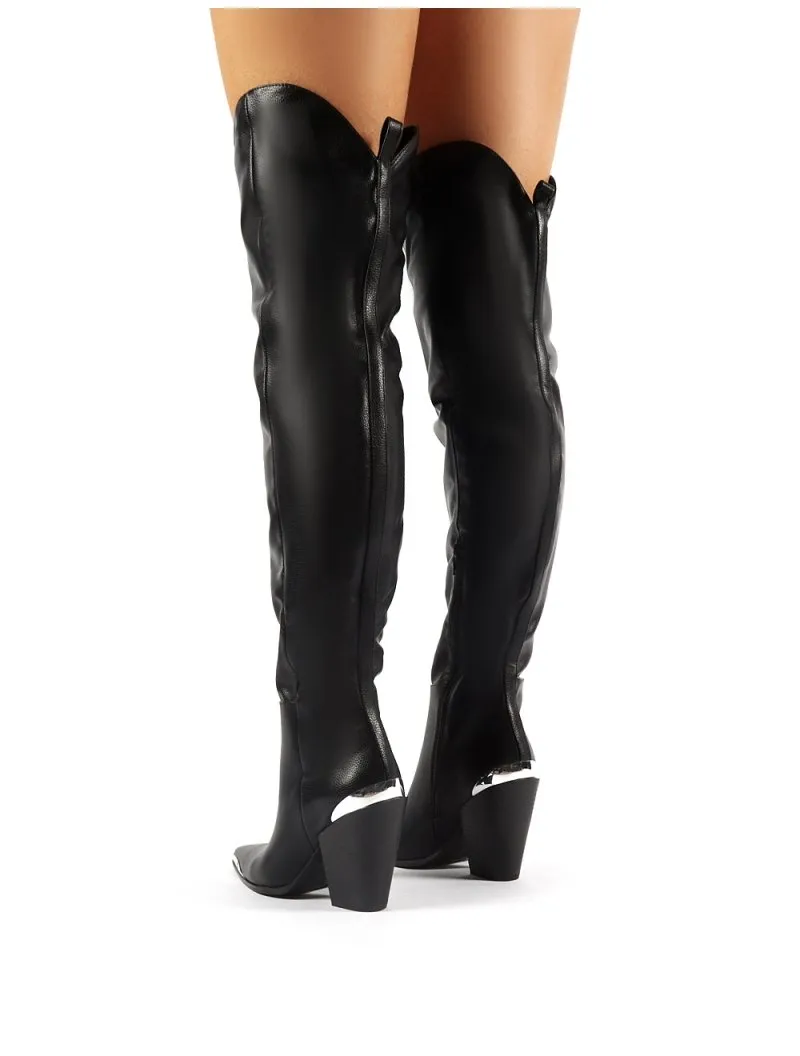 Honor Black Western Block Heeled Knee High Boots