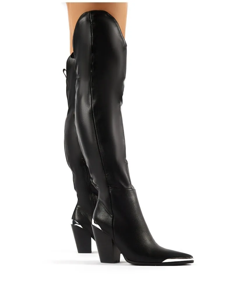 Honor Black Western Block Heeled Knee High Boots