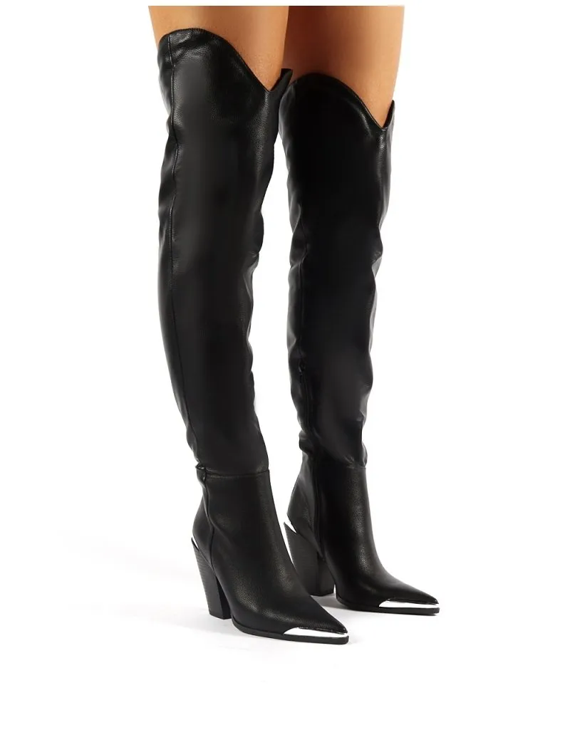 Honor Black Western Block Heeled Knee High Boots