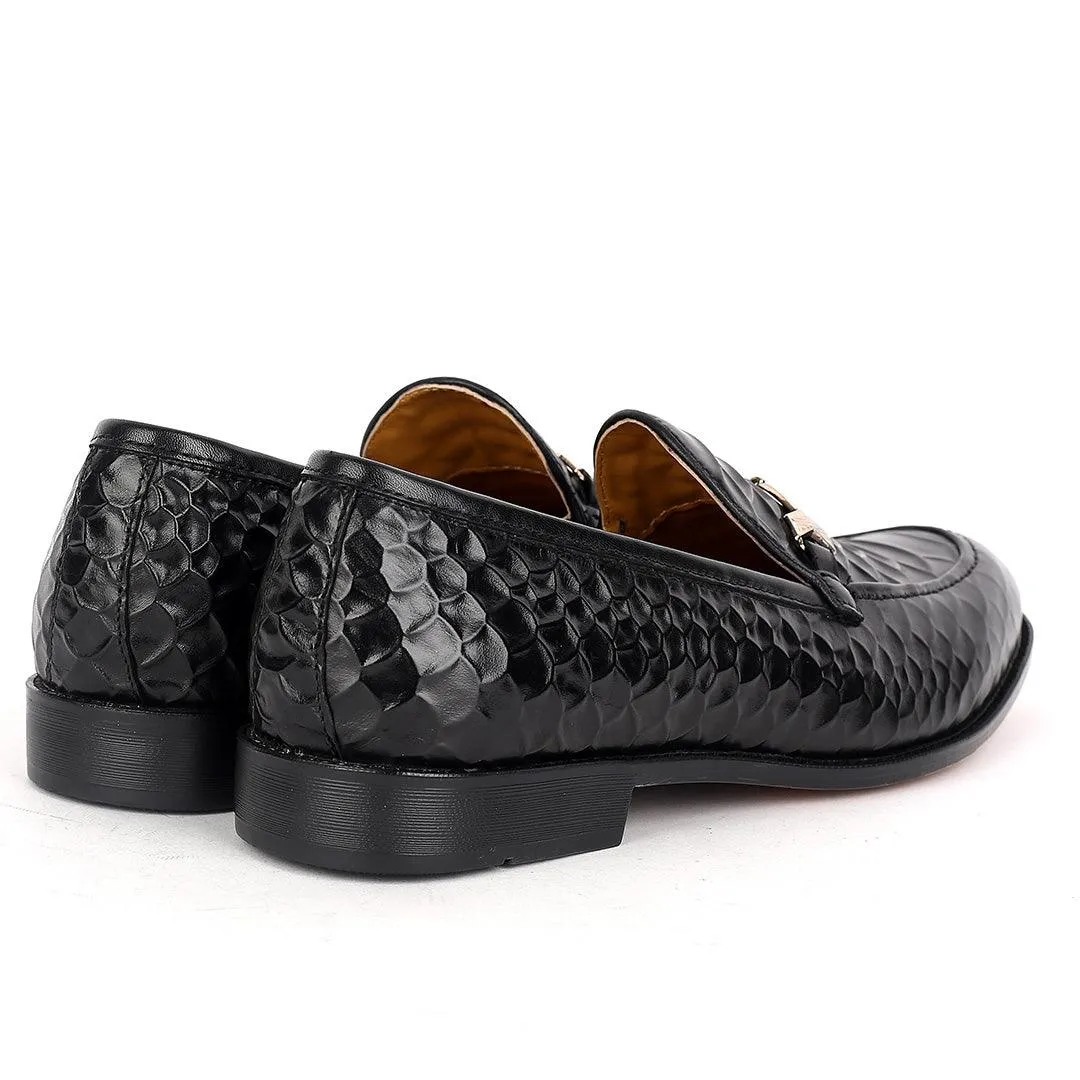 John Foster Crocodile Leather Designed Front Chain Men's Shoes -Black