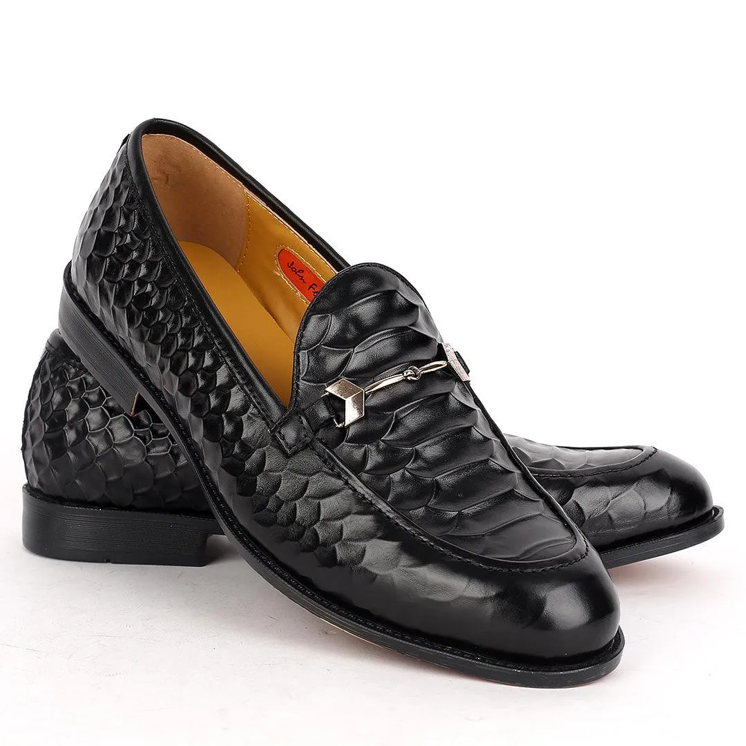 John Foster Crocodile Leather Designed Front Chain Men's Shoes -Black