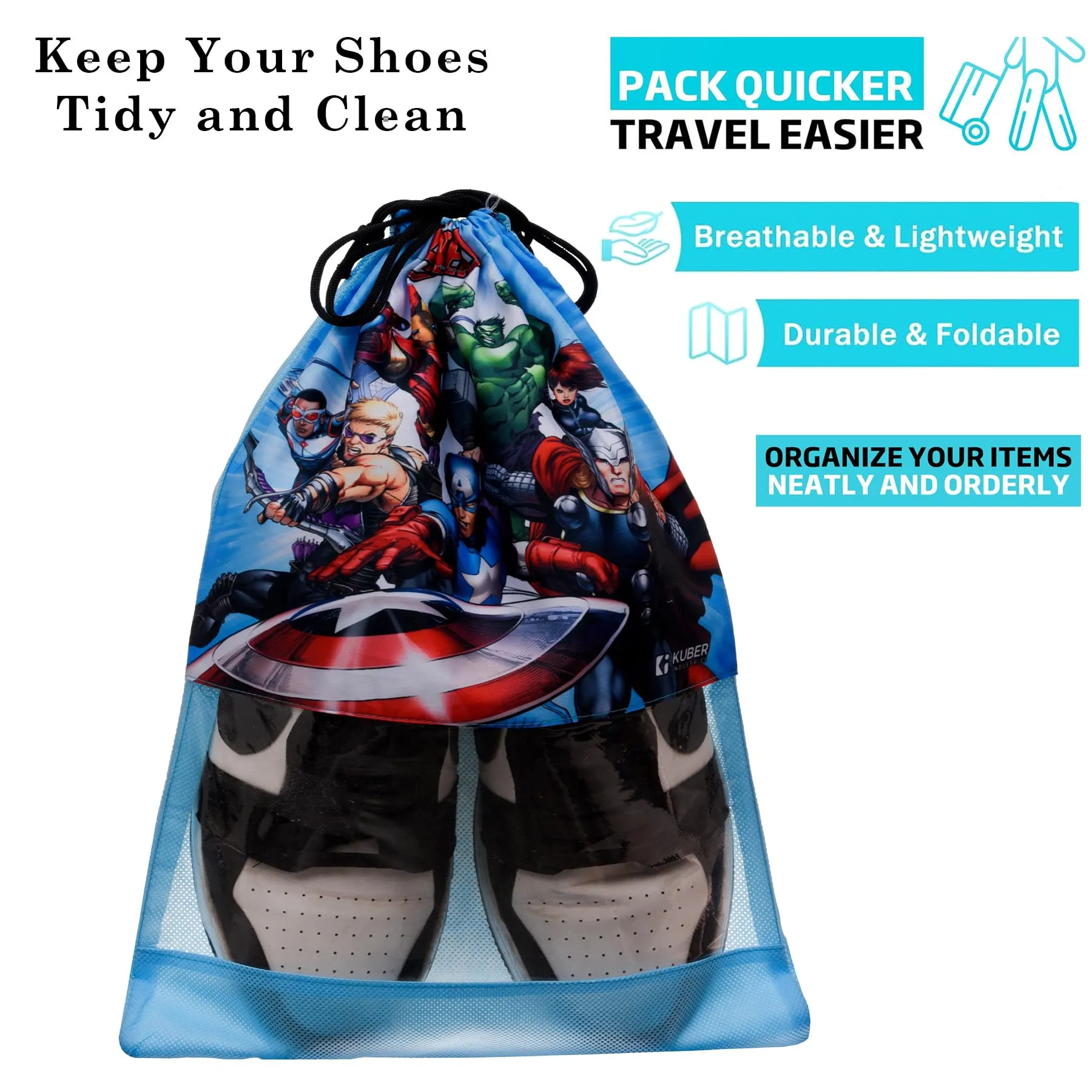 Kuber Industries Marvel Avengers Shoe Cover | Travel Shoe Storage Bags | Polyester Storage Bag | Drawstring Shoe Cover | Shoe Organizer with Clear Window | Pack of 12 | Multi