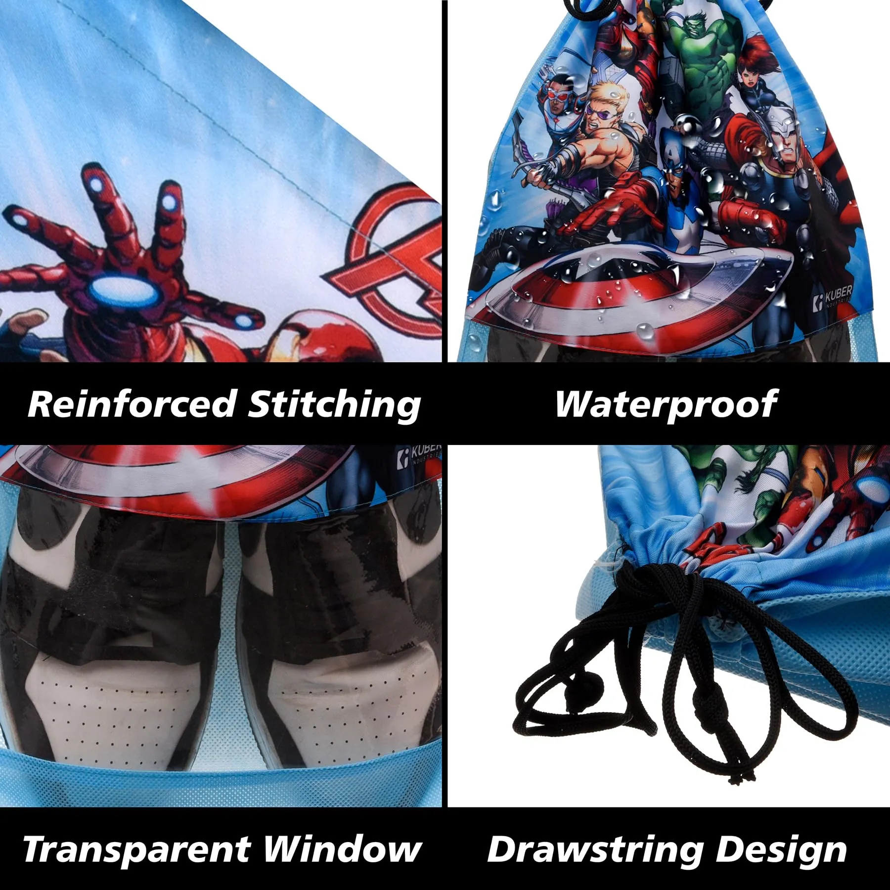 Kuber Industries Marvel Avengers Shoe Cover | Travel Shoe Storage Bags | Polyester Storage Bag | Drawstring Shoe Cover | Shoe Organizer with Clear Window | Pack of 12 | Multi