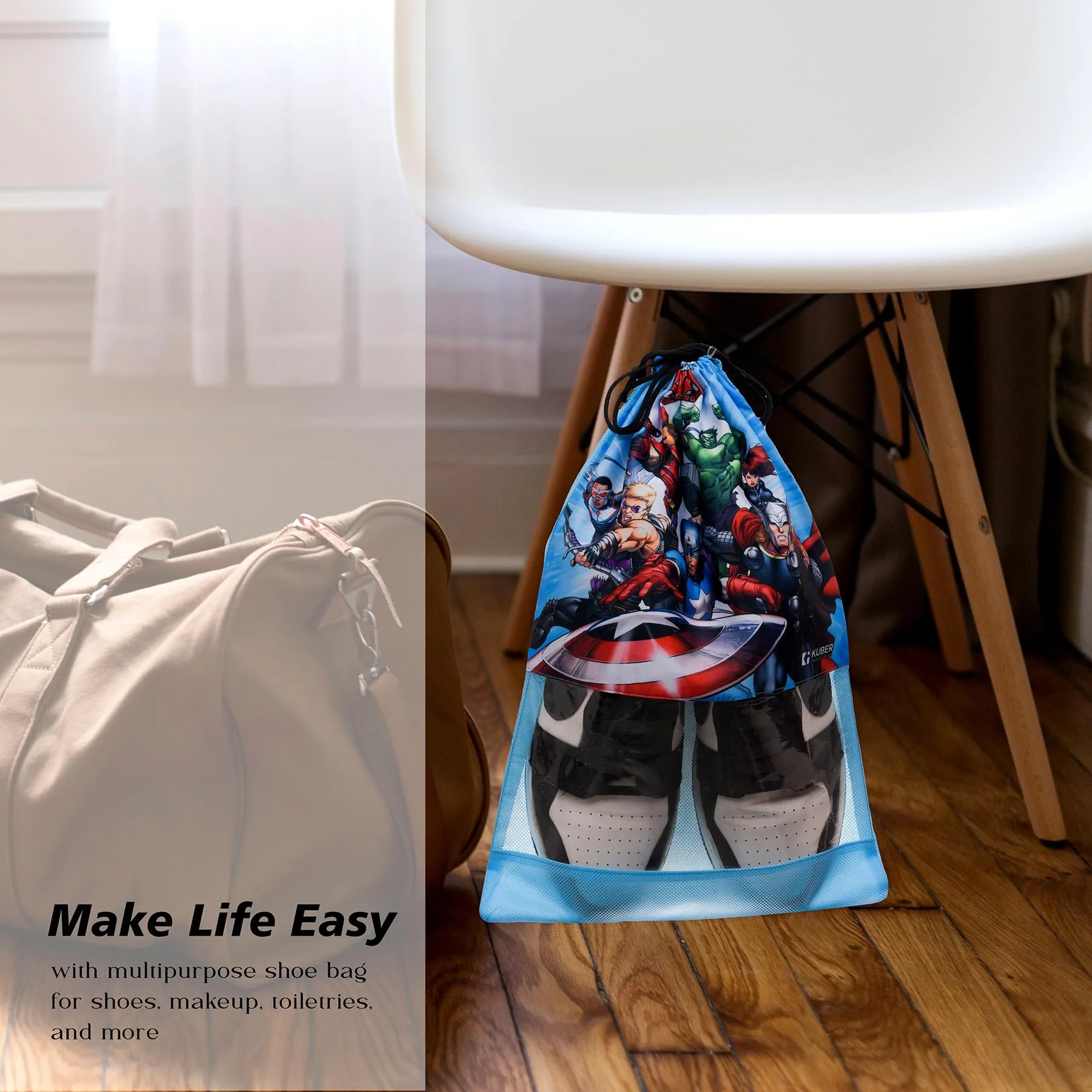 Kuber Industries Marvel Avengers Shoe Cover | Travel Shoe Storage Bags | Polyester Storage Bag | Drawstring Shoe Cover | Shoe Organizer with Clear Window | Pack of 12 | Multi