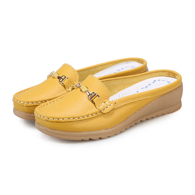 Leisure slippers genuine leather women wedges sandals slip-on round toe summer shoes woman comfortable sandals