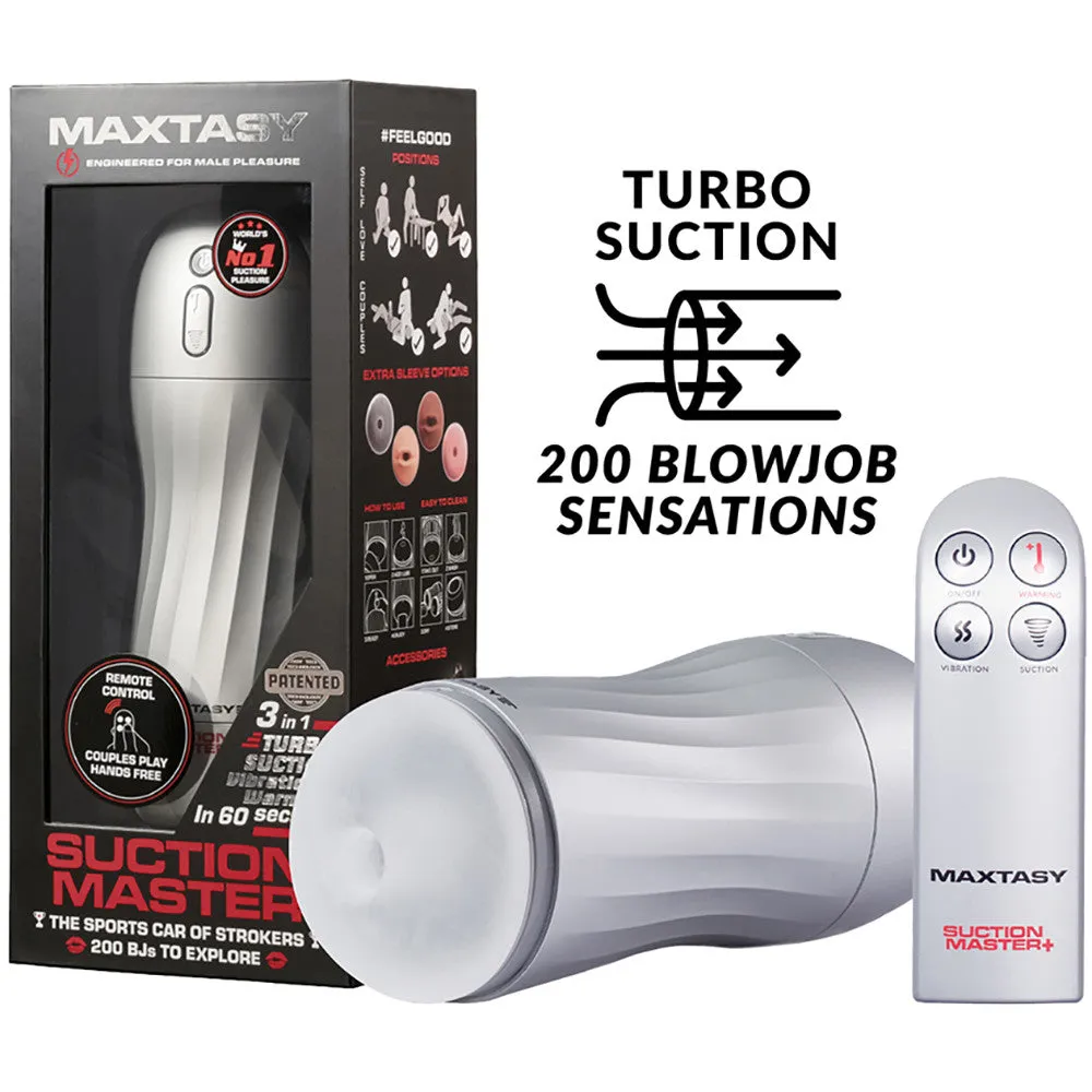 Maxtasy Suction Master  Rechargeable Warming & Vibrating Penis Masturbator With Remote - Clear