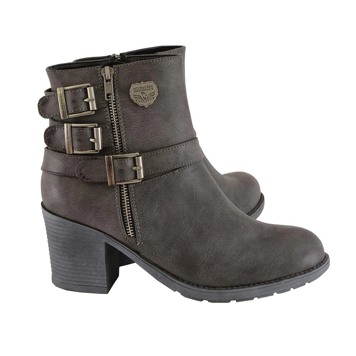 Milwaukee Leather MBL9406 Women's Stone Grey 3-Buckle Leather Boots