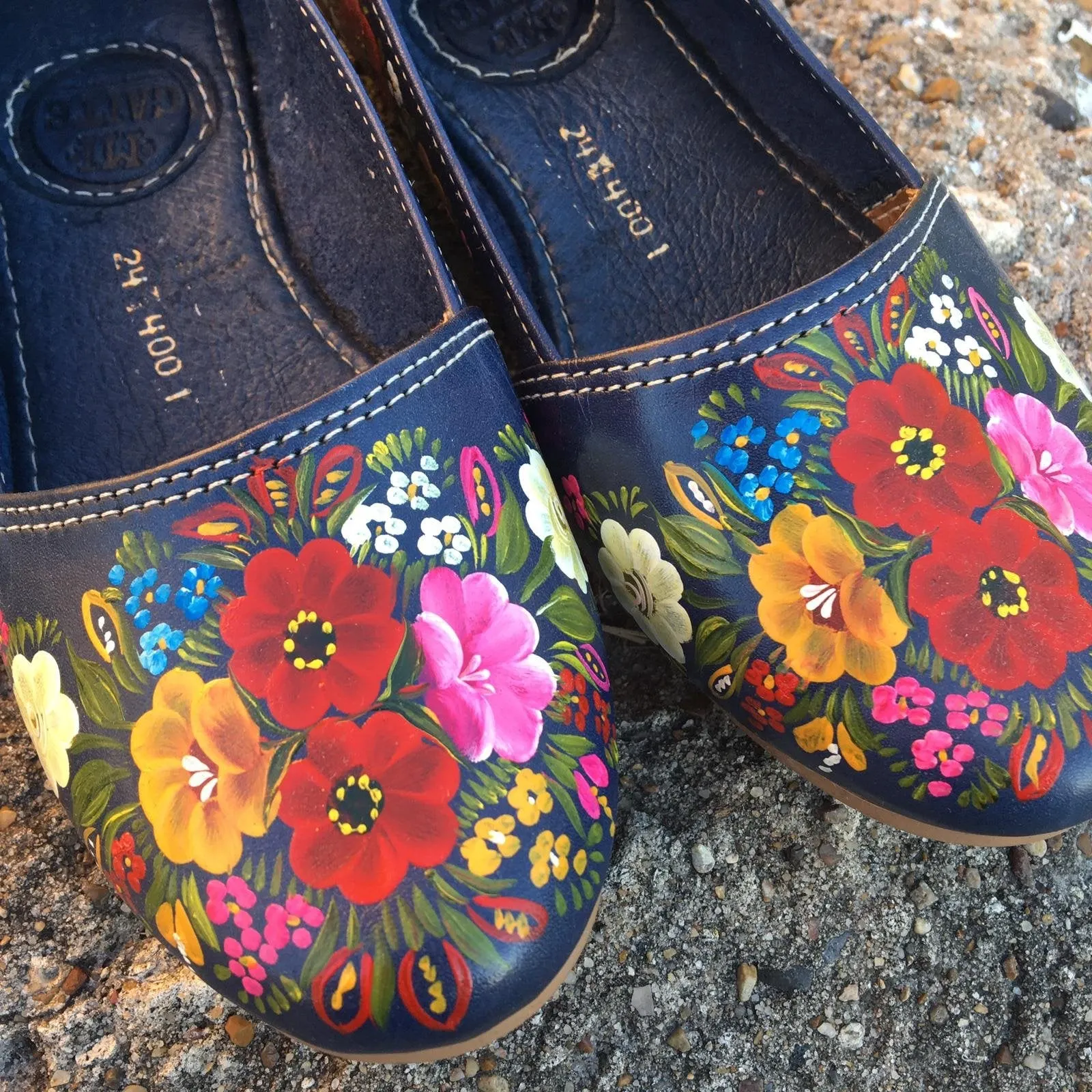 Navy Leather Flats Handpainted