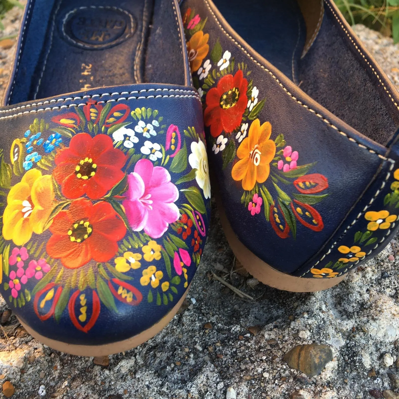 Navy Leather Flats Handpainted