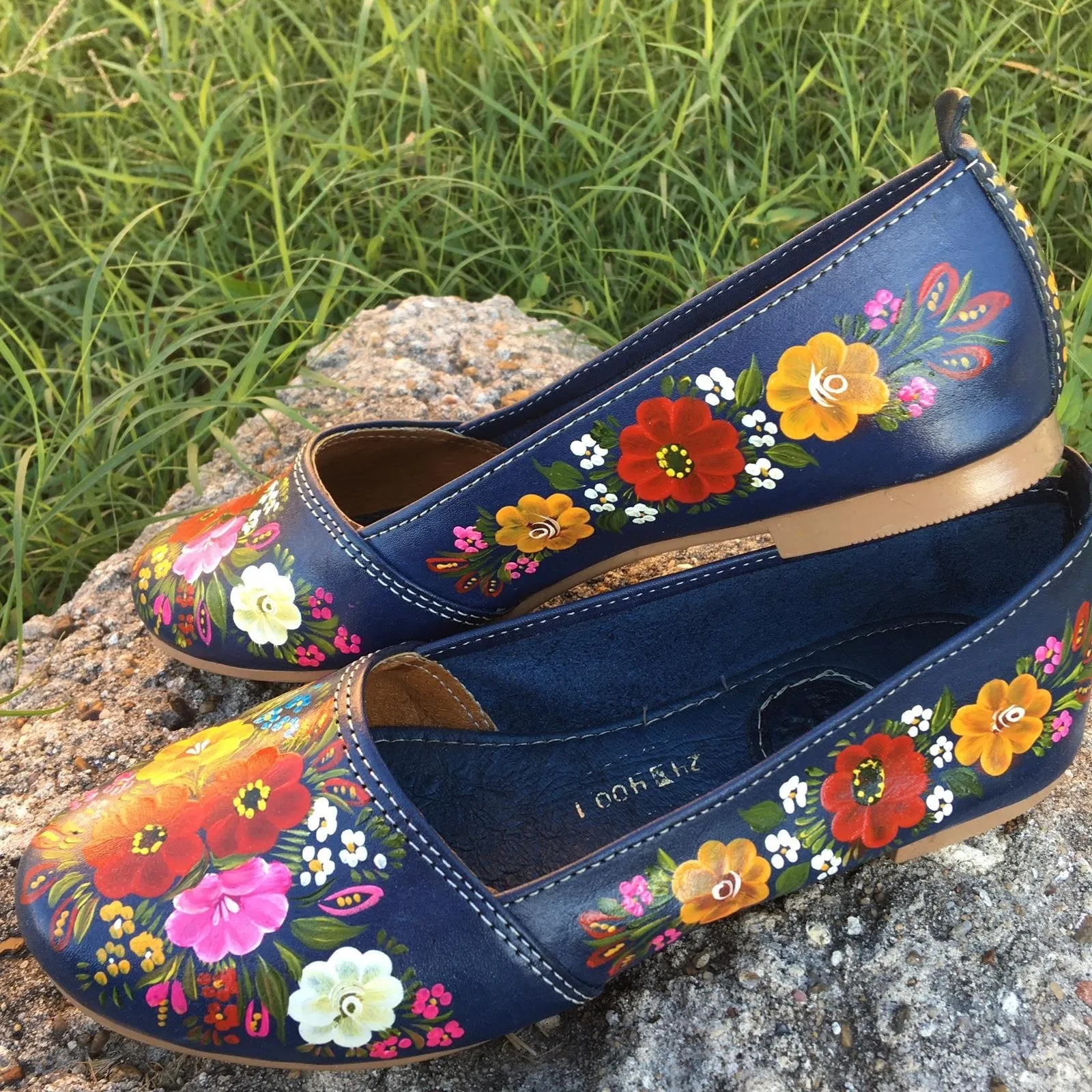 Navy Leather Flats Handpainted