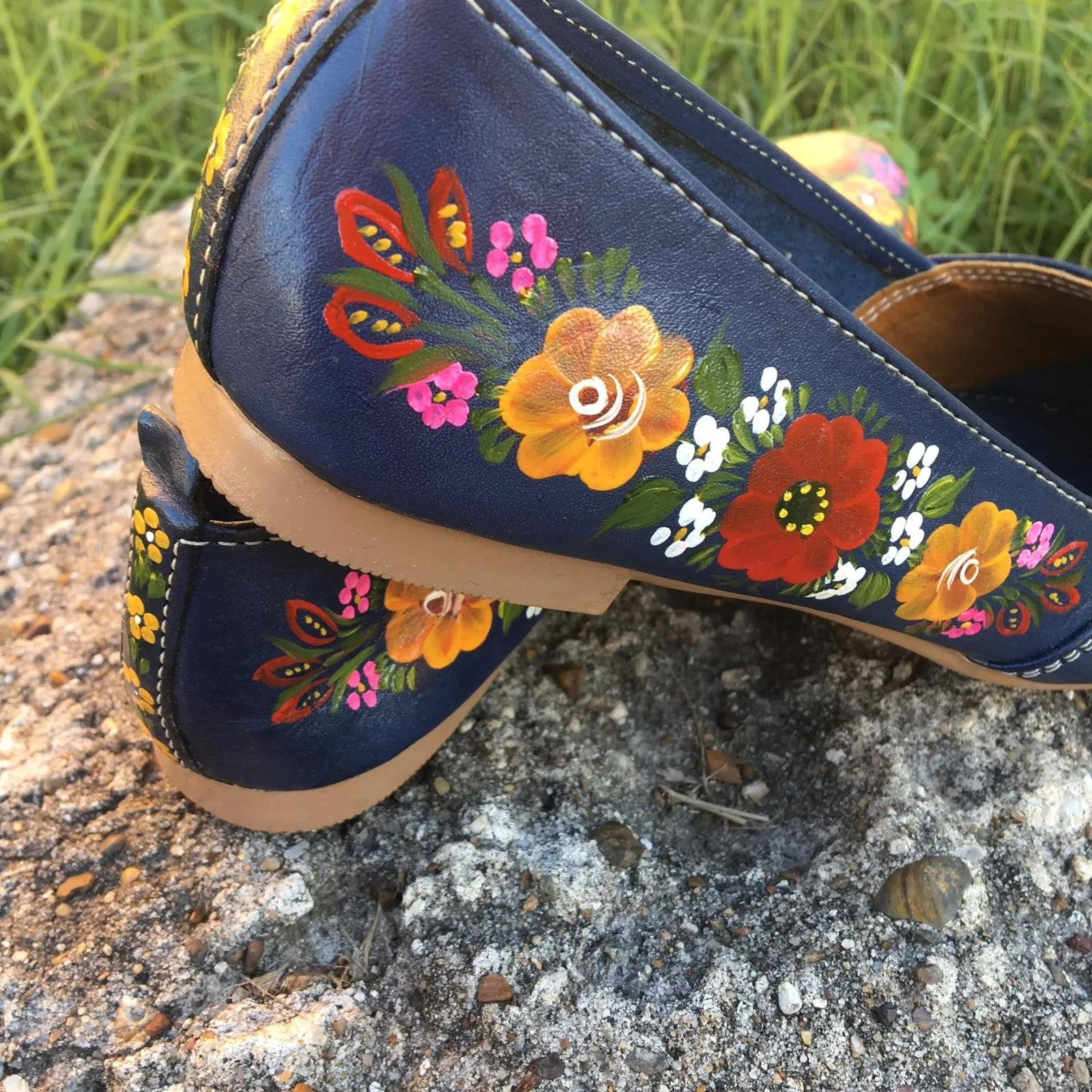 Navy Leather Flats Handpainted