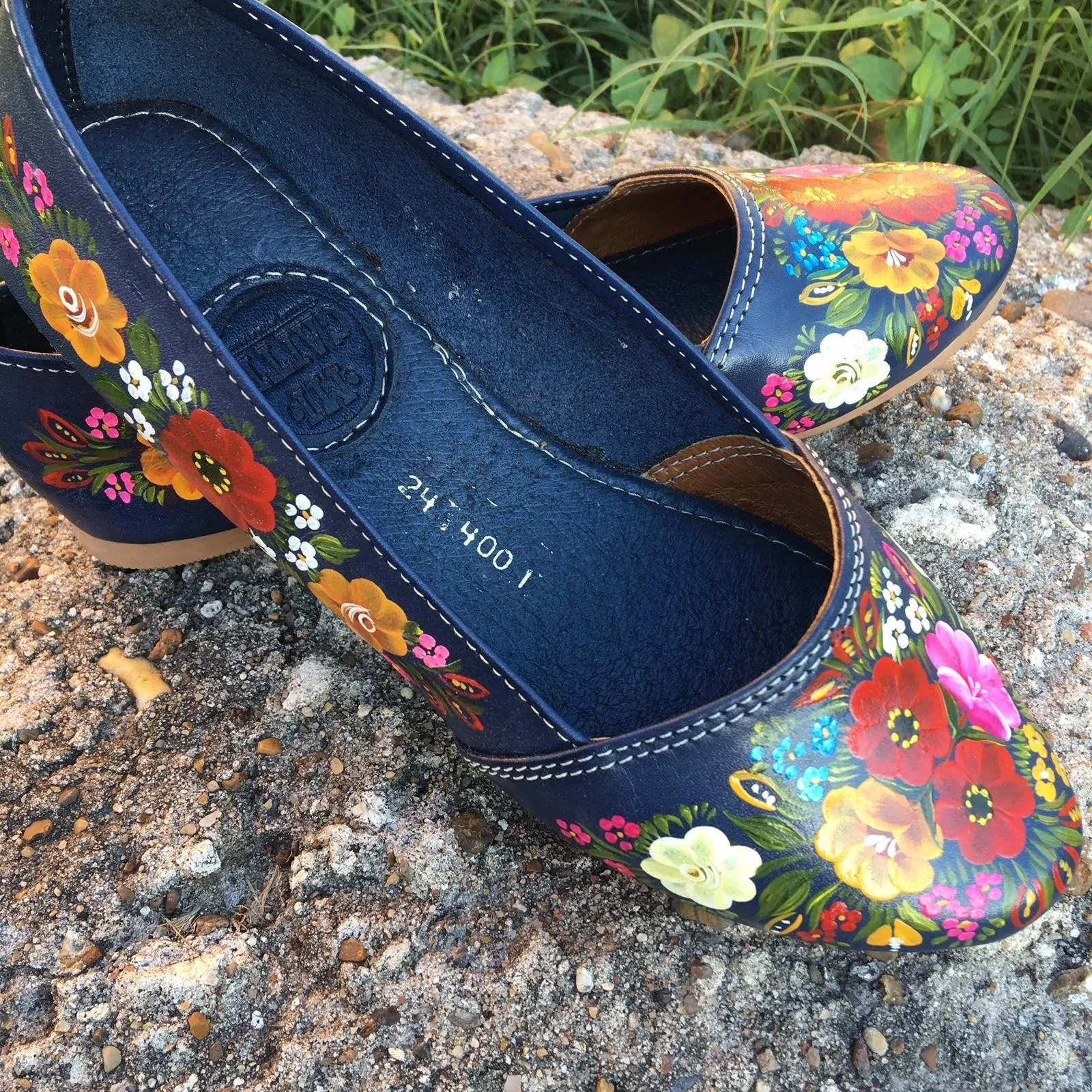 Navy Leather Flats Handpainted