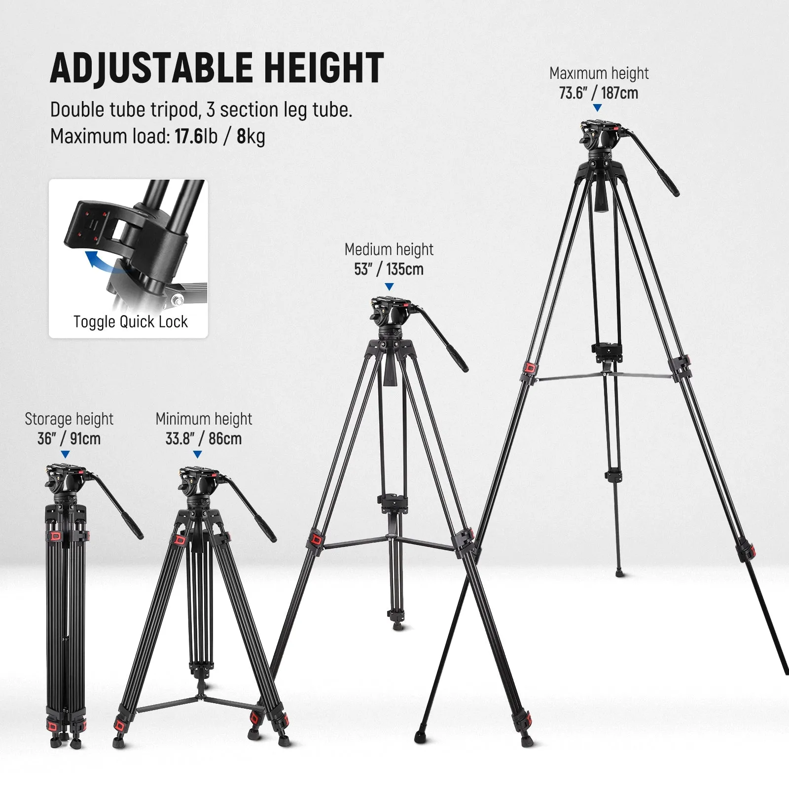 NEEWER TP74 74" Pro Video Tripod with Fluid Head & 2 QR Modes