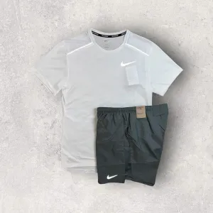 NIKE MILER 1.0 T-SHIRT/SHORT SET - WHITE/GREY