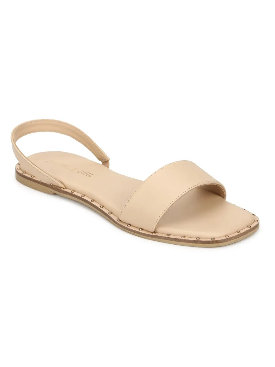 Nude PU Flat Sandals With Back Strap