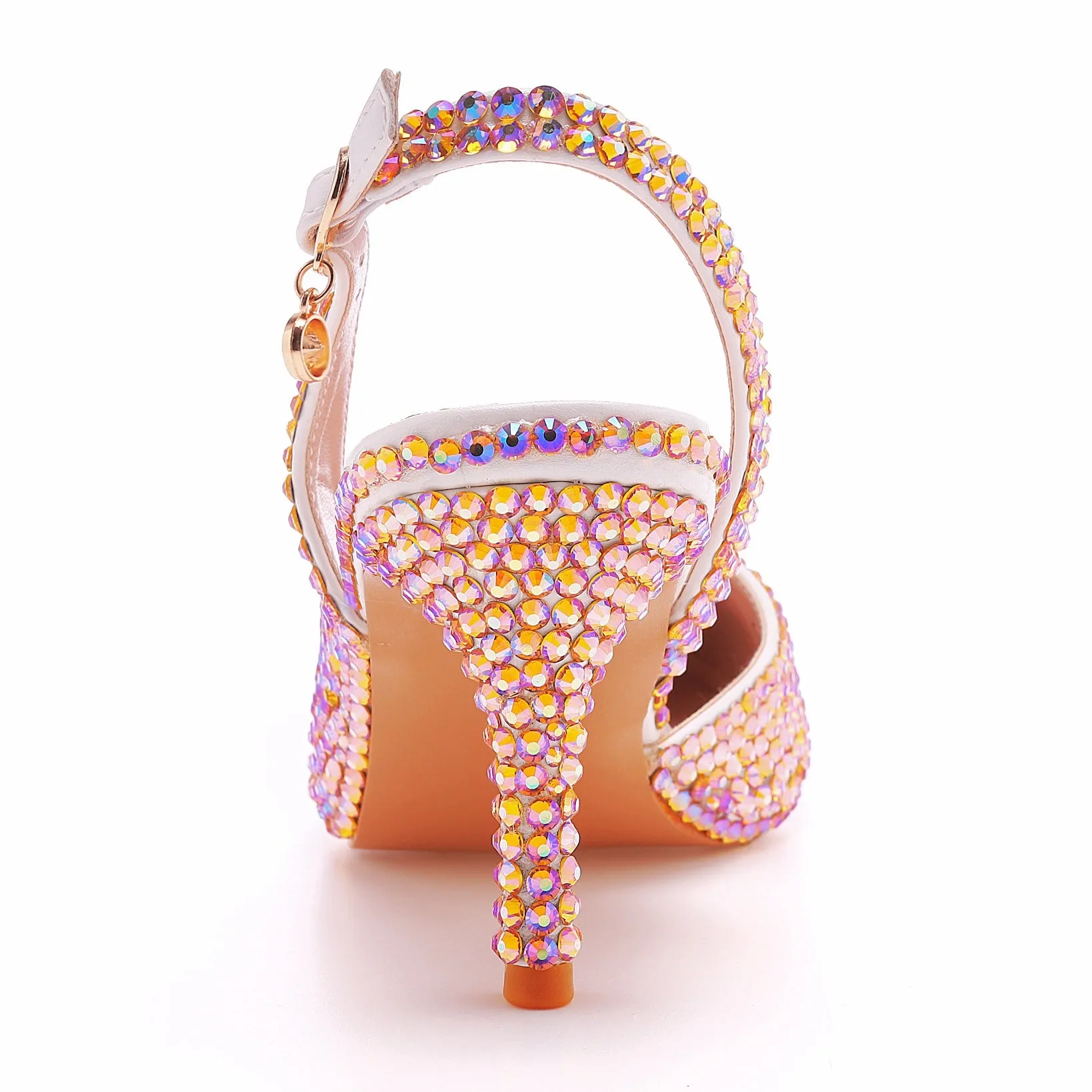 Pointed-Toe Colored Rhinestone Slingback High Heels