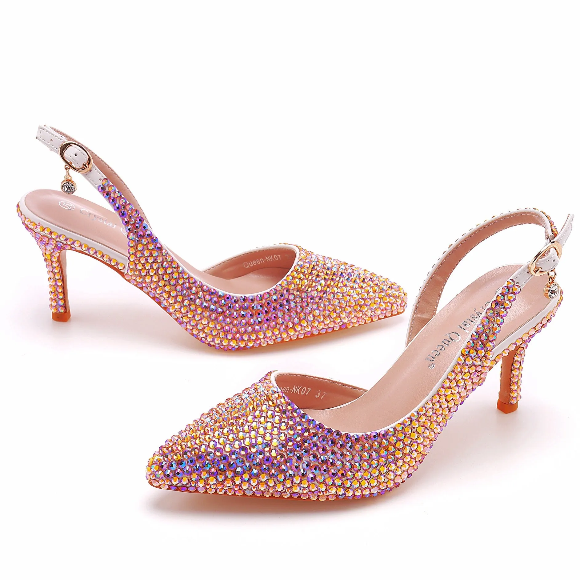 Pointed-Toe Colored Rhinestone Slingback High Heels