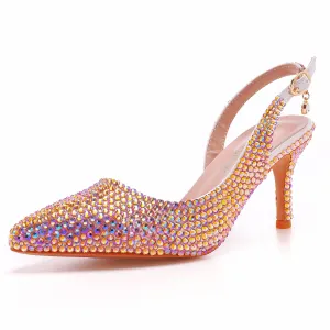 Pointed-Toe Colored Rhinestone Slingback High Heels